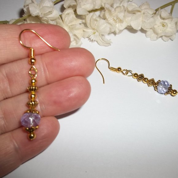 Small Gold Purple Earring Set Handmade Beaded Delicate Dainty Jewelry Gift 6918 - Picture 6 of 8